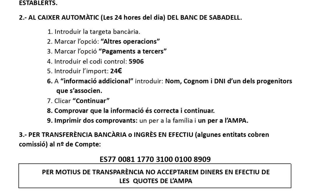 Informació Afiliació Quota Ampa 2022-2023